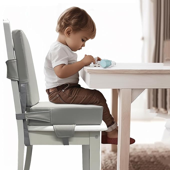 Booster Seat for Dining Table, PU Anti-Scratch Easy Cleaning Kids Toddler Booster Seat for Table, Portable Travel Increasing Cushion for Chair - Light Grey