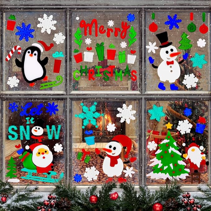 XIMISHOP 6pcs Christmas Gel Window Clings - Xmas Santa Claus Snowman Snowflake Penguin Window Decors