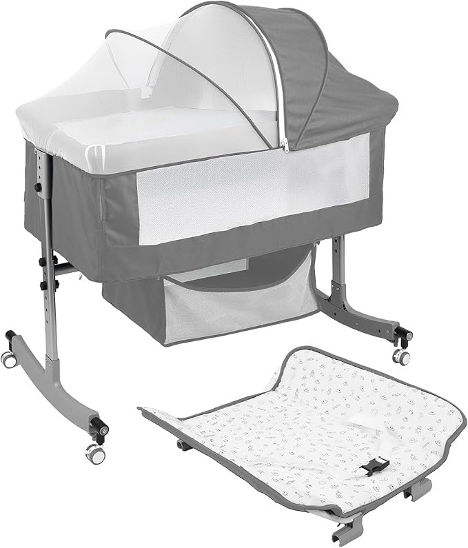 Baby Bassinet Bedside Crib 4-in-1 with Changing Table, 6 Height Adjustable Baby Crib with Mosquito Net & Storage Basket, Portable Cradle Bassinet for Newborn Infant (Grey)