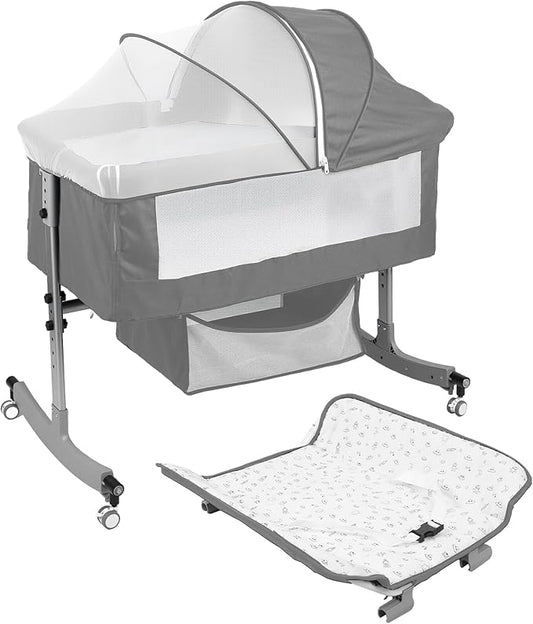 Baby Bassinet Bedside Crib 4-in-1 with Changing Table, 6 Height Adjustable Baby Crib with Mosquito Net & Storage Basket, Portable Cradle Bassinet for Newborn Infant (Grey)