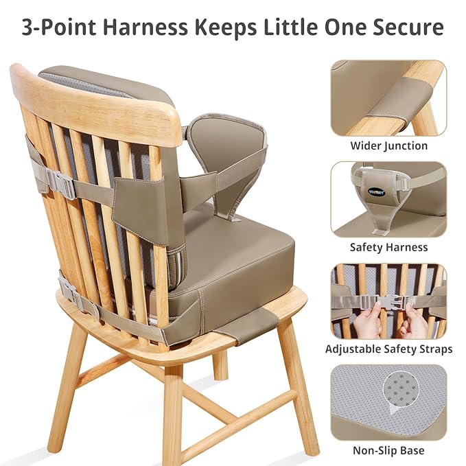 Toddler Booster Seat for Kitchen Chair, 2-in-1 Dining Table Booster Seat with Backrest & Adjustable Straps – Easy-Clean, PU Portable Toddler Eating Travel Increasing Cushion - Dark Coffee