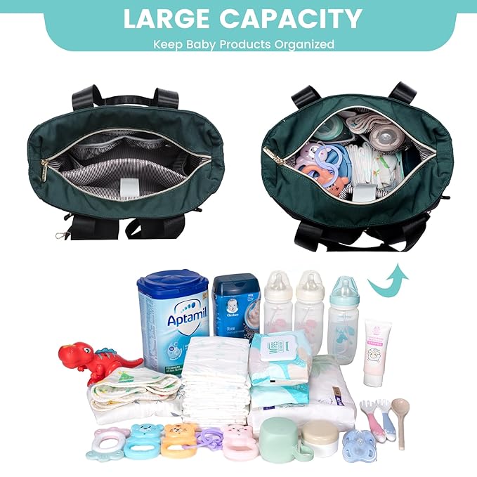 LOVEVOOK Diaper Bag Backpack with Insulated Pockets, Baby Changing Pad, Pacifier Case - Anti-Theft Travel Backpack for Women, Black-Green