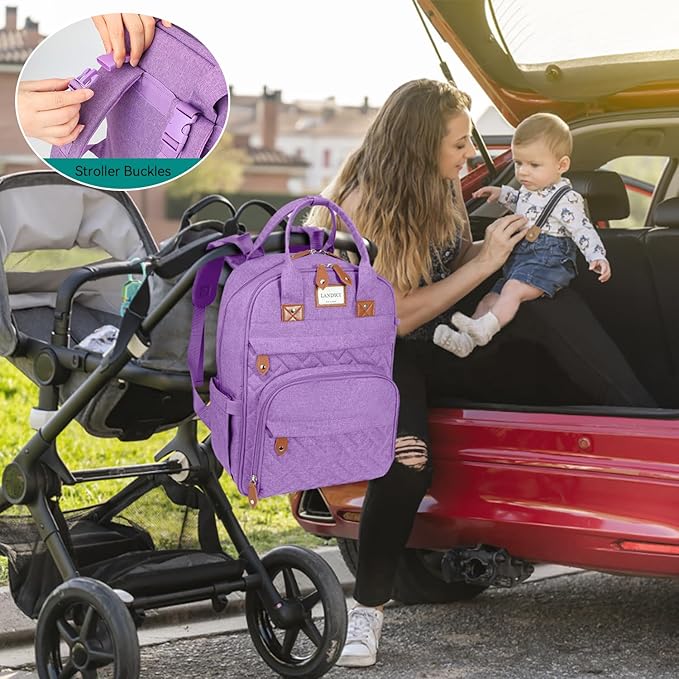 LANDICI Diaper Bag Backpack, Multifunction Baby Diaper Bags with Changing Pad, Stroller Straps & Pacifier Case, Travel Essentials Back Pack for Mom Dad Boy Girl, Large Capacity, Waterproof, Lavender