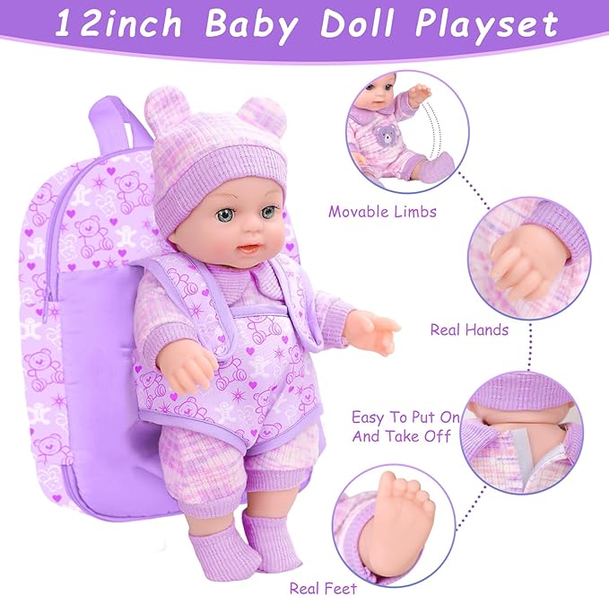 12'' Baby Doll with Bear Pattern Backpack in Gift Box,Including Clothes Accessories, Backpack, Baby Bottle, Pacifier, Hat, Socks, and Handkerchief for 3+ Child Girls Gifts