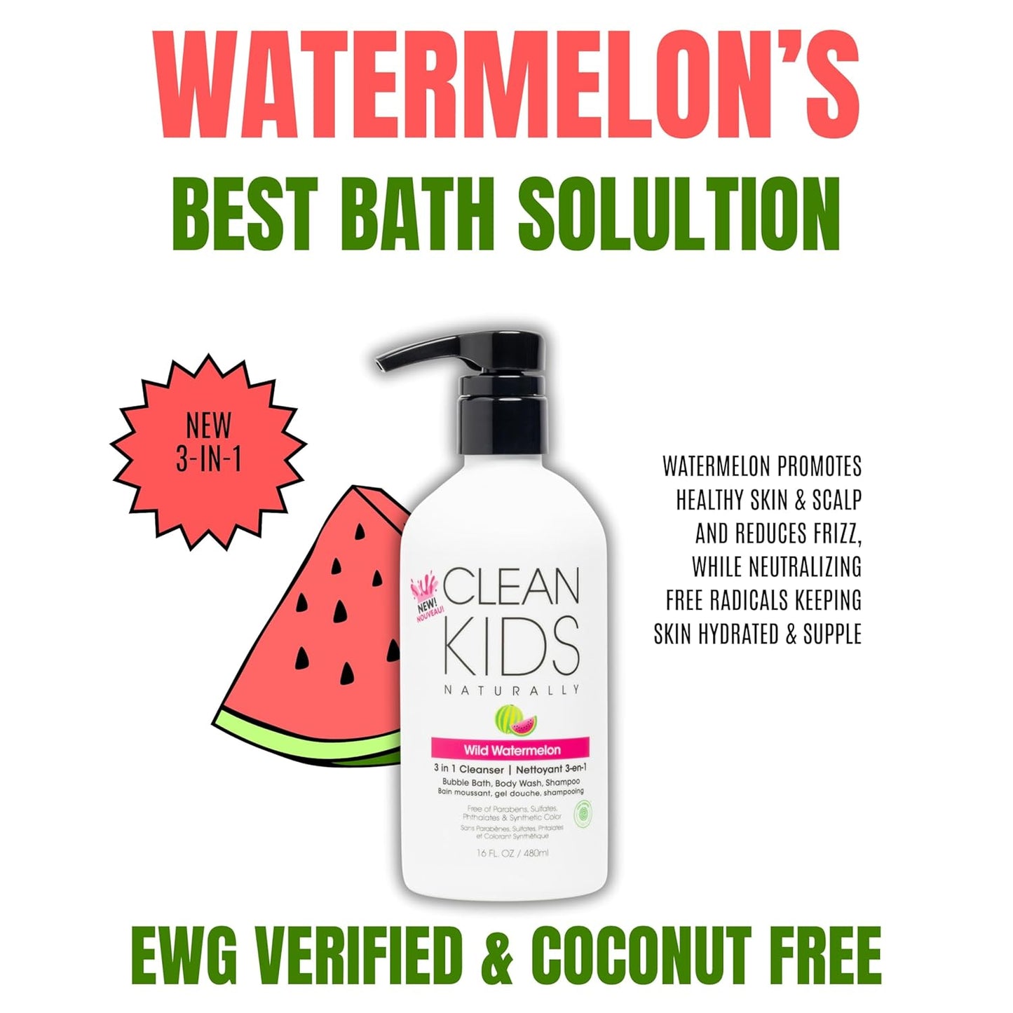 Gabriel Cosmetics Clean Kids Naturally Wild Watermelon 3-in-1 Shampoo, Cleanser & Bubble Bath (16 Fl Oz (1 Bottle), Watermelon 3-in-1)