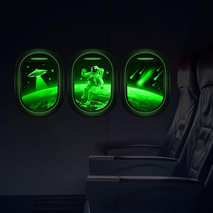 Glow in The Dark 3D Space Wall Decals, Set of 3 Galaxy Window Stickers for Wall, Space Themed Room Decor for Kids Boys (Green)
