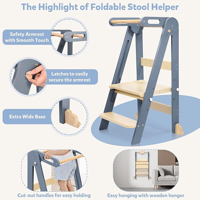 Foldable Toddler Kitchen Wood Step Stool with Hook, Pre-Assembled Wooden Folding Montessori Learning Helper for Kids, Folding Standing Tower with 3 Adjustable Height Step for Counter Sink-Gray