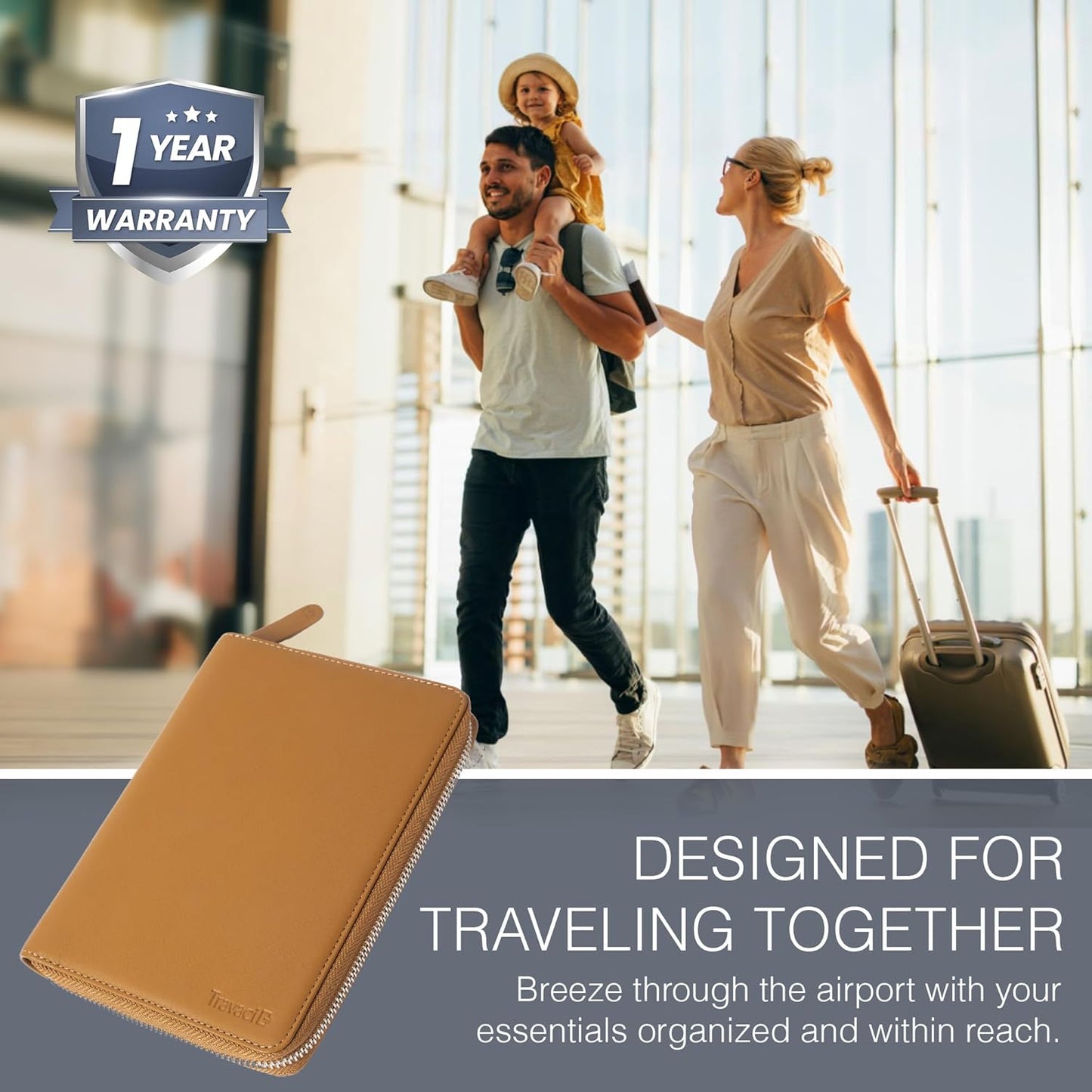 Full Grain Leather Family Passport Holder for 2-4 Passports - RFID Passport Holder and Travel Document Organizer - Large Leather Travel Wallet for Couples and Families - Camel