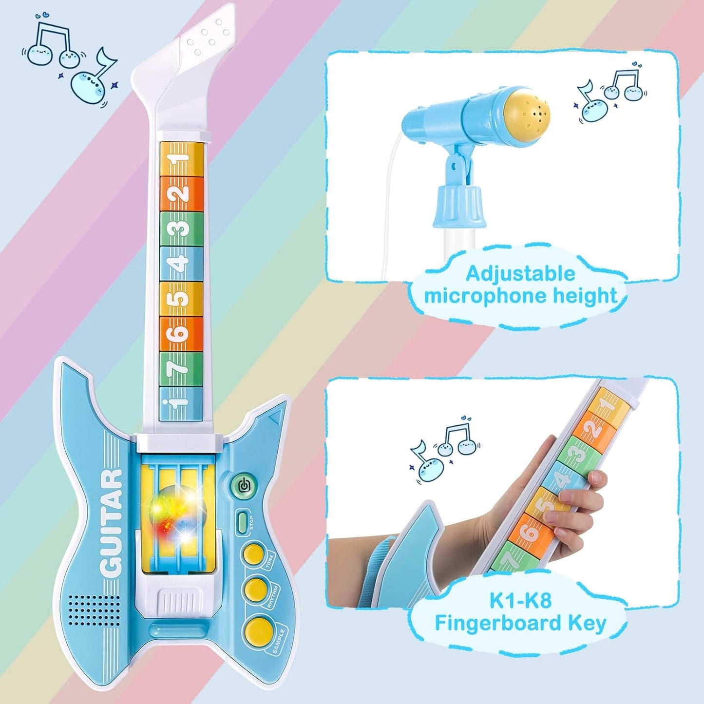 deAO Kids Guitar and Microphone Set with Stand Adjustable Height Music Light Karaoke Music Toys Christmas Birthday Gift for Kids Boys Girls (Blue)