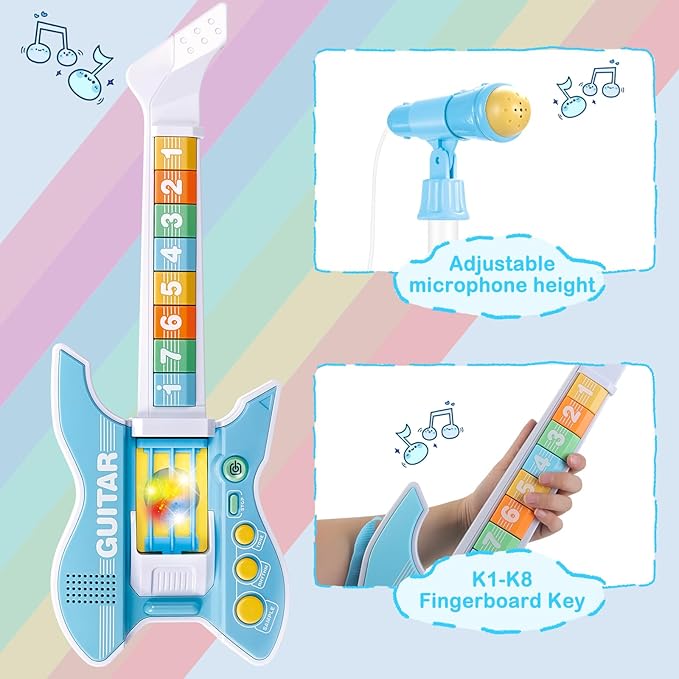 deAO Kids Guitar and Microphone Set with Stand Adjustable Height Music Light Karaoke Music Toys Christmas Birthday Gift for Kids Boys Girls (Blue)