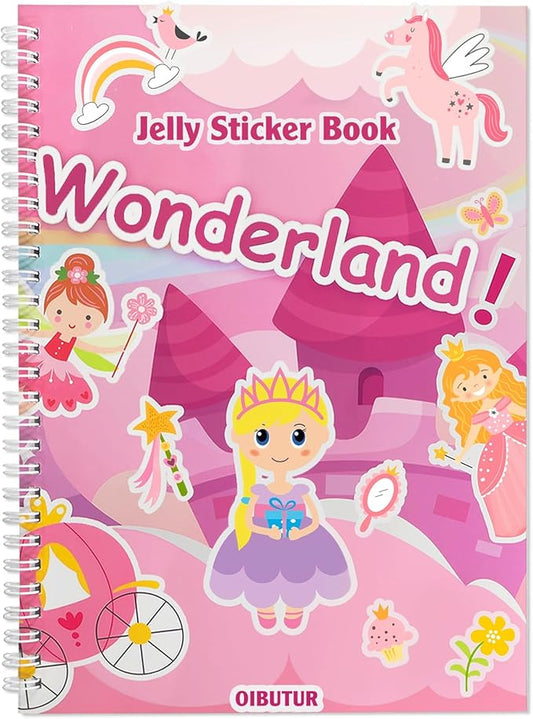 Jelly Sticker Books for Toddlers 2-4 Travel Essentials, Reusable Sticker Book + 8 Scenes + 2 Matching Games + 51 Large Princess Stickers for 1-3 Toddler Activities (Wonderland)