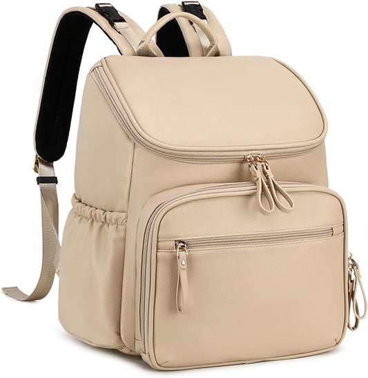 Large Capacity Diaper Bag Backpack with Stroller Buckle, Water-Resistant Travel Baby Bag with Insulated Pockets (Classic, Beige)