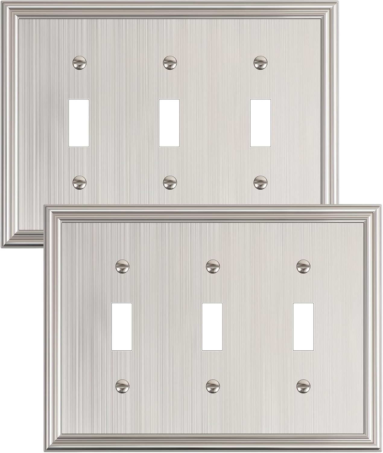 2-Pack Triple Toggle Light Switch Cover Plate, Durable Solid Zinc Alloy Decorative Switch Plate Covers, Brushed Nickel 3 Gang Wall Plate, Corrosion Resistant