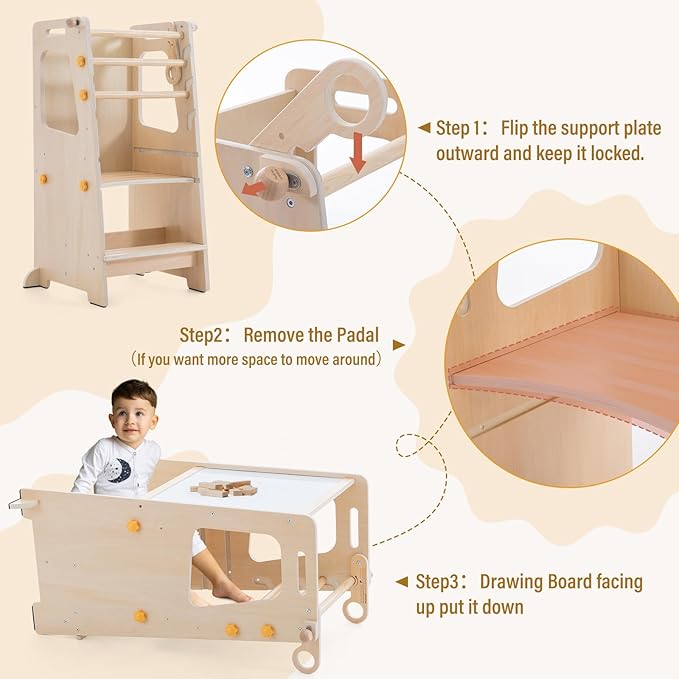 Toddler Standing Tower, 4 in 1 Kitchen Stool Helper with Whiteboard, Kids Step Stool with Convertible Table and Chair, Toddler Helper Tower with Adjustable Height for Counter,Sink