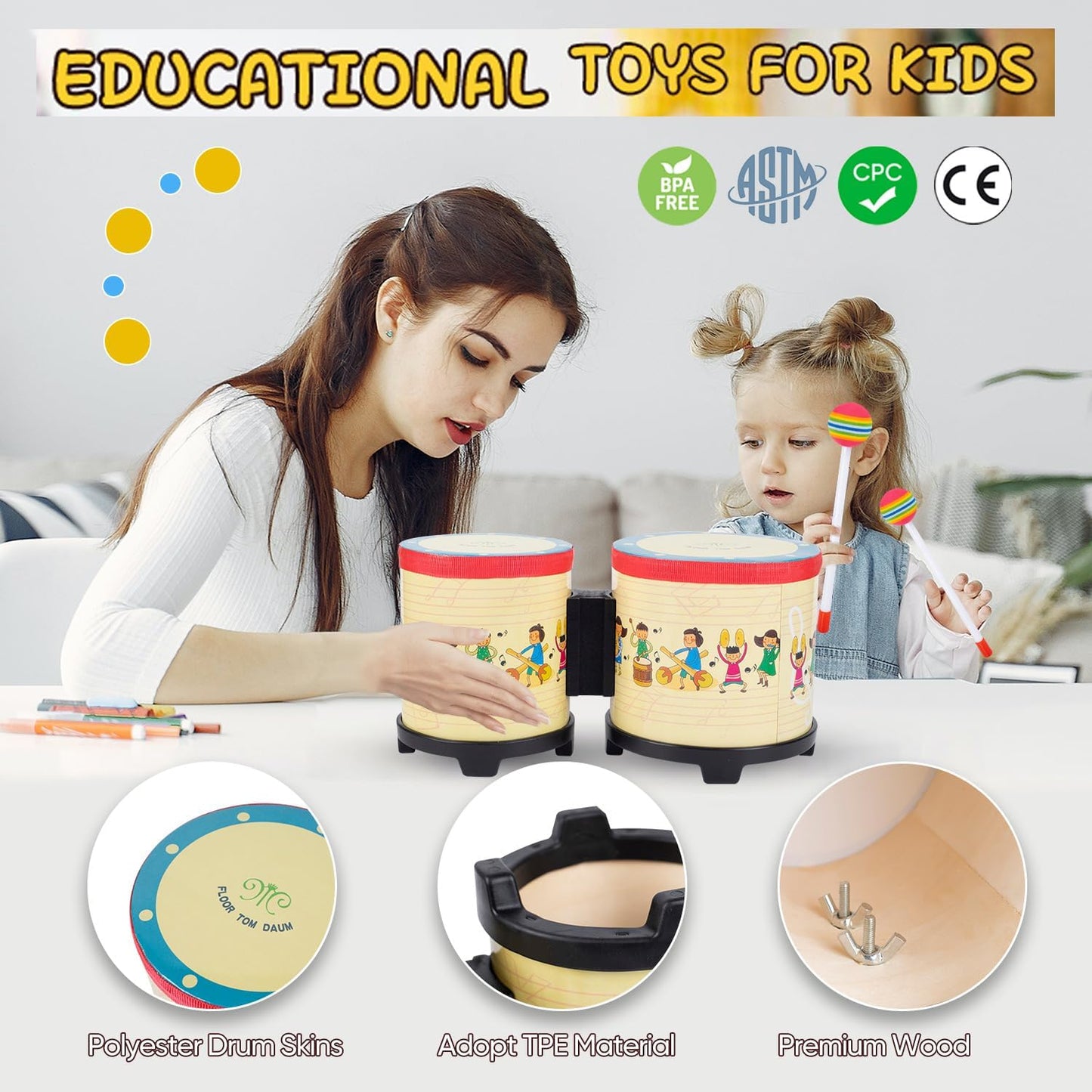 Bongo Drums for Kids 5"-6" Toddler Baby Toy Drum with 2 Colorful Drumsticks Rhythm Percussion Musical Instruments for Children, Boys, Girls,Birthday Gift