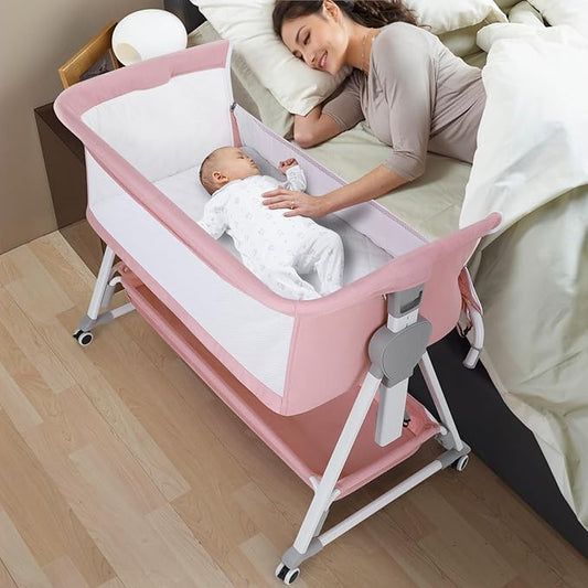 Cowiewie Bassinet Bedside Sleeper, Baby Bassinet with 7 Adjustable Height, Bedside Bassinets for Baby with Breathable Mesh Sides & Mattress, XL Storage, Easy Folding Crib (Pink and White)