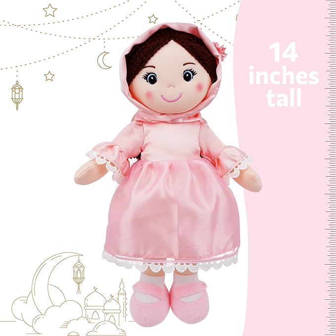 June Garden 14" Snuggle Cuties Aisha - Muslim Hijab Doll - Soft Cuddly Plush Doll for Girls - Huggable Rag Doll - Ramadan Gift - Pink M