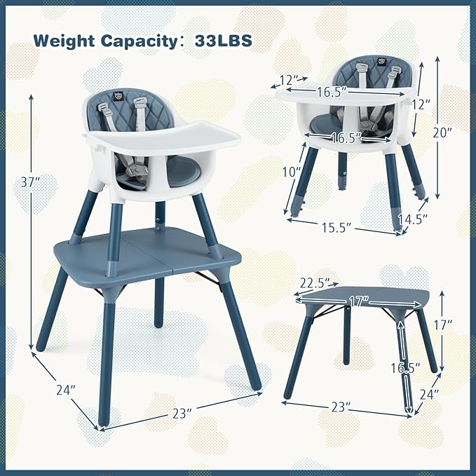 BABY JOY High Chair, 5 in 1 Convertible Highchair for Babies & Toddlers | Booster Seat | Table and Chair Set | Infant Feeding Chair with Removable Tray, Safety Harness, Removable Cushion (Blue)