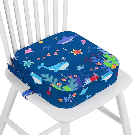 Toddler Booster Seat for Dining Table, Kids Booster Seat for Kitchen Chair with Non-Slip Bottom, Portable Detachable Washable Increasing Cushion with 2 Adjustable Straps (Marine Animals)