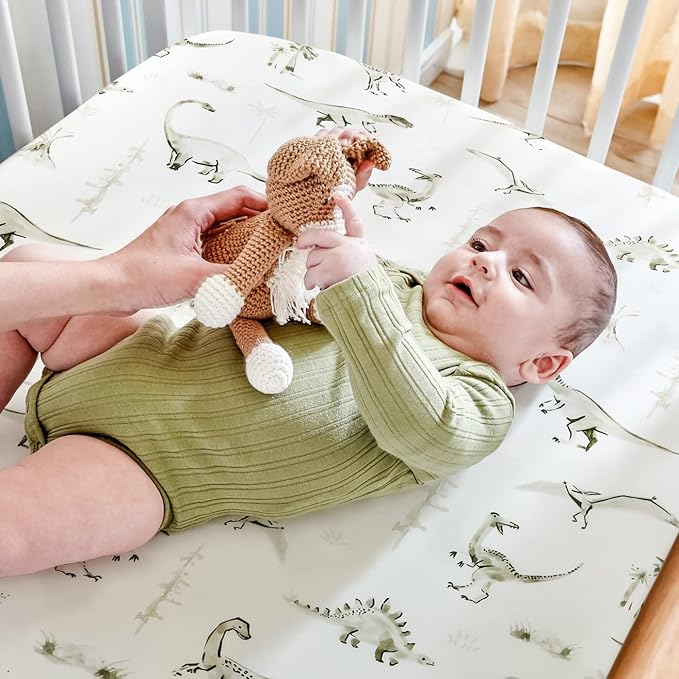 GRSSDER Pack n Play Sheets Fitted 2 Pack, Stretchy Ultra Soft Pack and Play Sheets, Universal Fitted Portable/Mini Crib Mattresses Snug and Safe, Jersey Crib Sheets for Boys, Dinosaurs