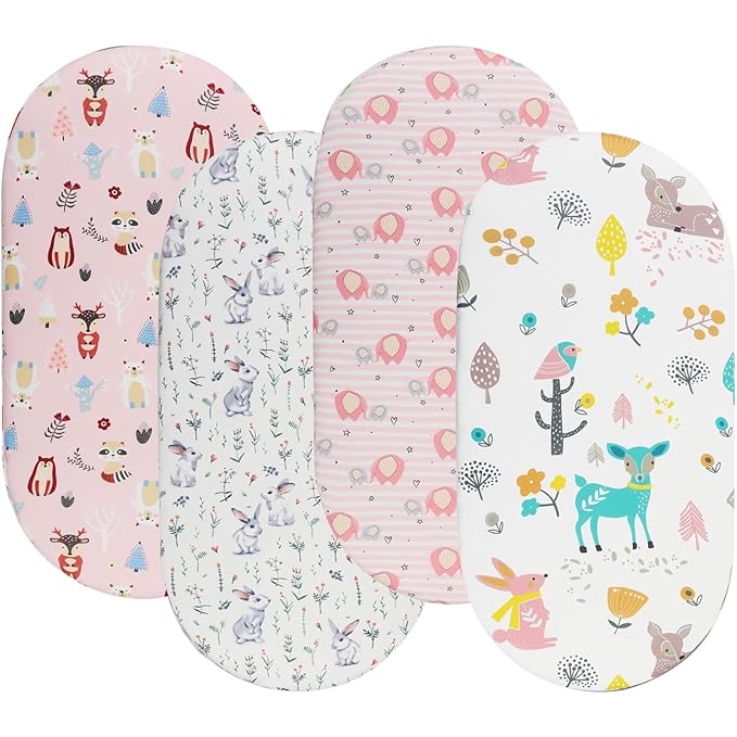 Onacosht Bassinet Sheets for Baby Boy and Girl, Stretchy Fitted Sheet Universal for Bassinet Cradle Hourglass Oval Rectangle Pad/Mattress, 4 Pack Deer, Elephant, Rabbit and Squirrel Printing