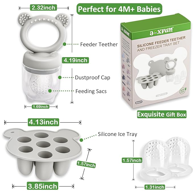 JEXFUN Baby Fruit Food Feeder & Mini Freezer Nibble Tray Combo, Breastmilk Popsicle Molds for Baby Cooling Relief, BPA Free Silicone Feeder for Safe Infant Self Feeding, 4 Month+ (Light Grey)