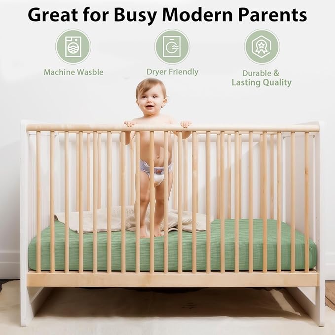 2 Pack Soft Muslin Baby Crib Sheets, 100% Cotton Breathable Double Layer Fitted Sheets for Standard Crib and Toddler Bed Mattresses 28x52 Inches, for Baby Girls and Boys (Sage & Fog