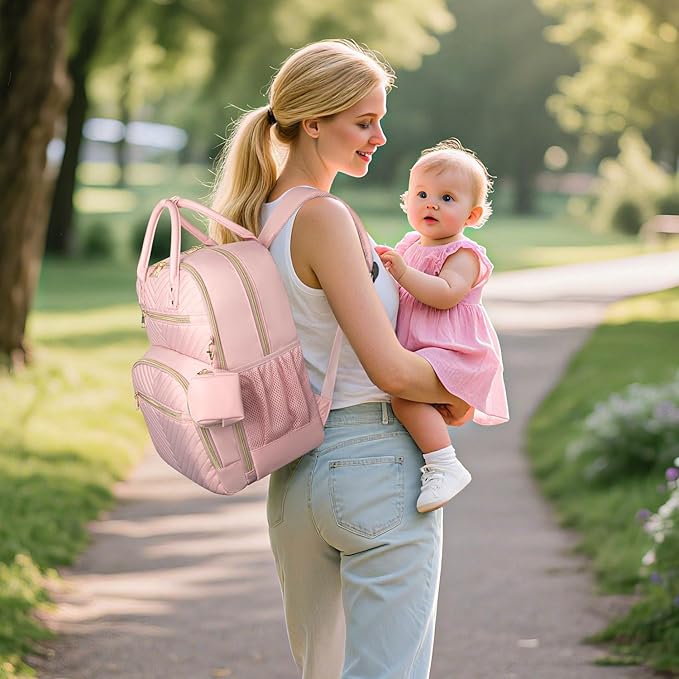 Diaper Bag Backpack,Baby Essentials Diapers Bag with Pacifier Case,Multipurpose Stylish Large Capacity Travel Backpack for Baby Girl/Boy(L-Pink)