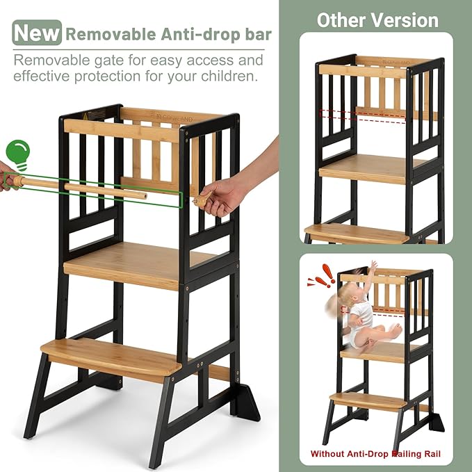 COSYLAND Toddler Standing Tower - Adjustable Height Toddler Kitchen Stool Helper - Kids Kitchen Step Stool for Learning with Removable Safety Railing Black&Natural