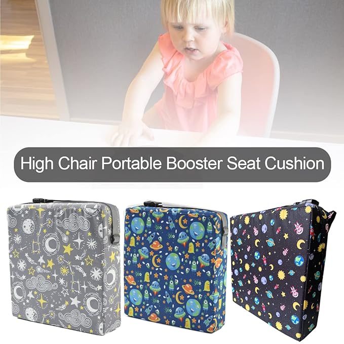 Taeku Booster Seat for Dining Table, Portable Kids Toddler Booster Chair Increasing Cushion Cartoon Seat Pad with 2 Safety Buckles for Kitchen Restaurant (Planet Black)