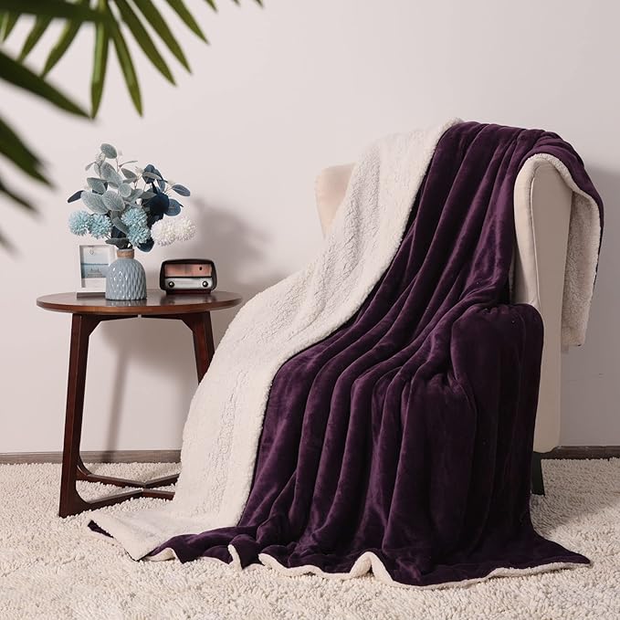 NANPIPER King Size Sherpa Blanket, Soft Fleece Throw for Bed, Reversible Thick Fuzzy Blanket for Winter (Purple, 90x108 inches)