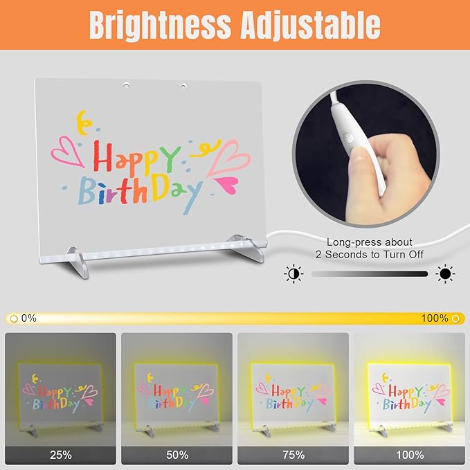 LED Note Board with Colors, 13.7"X10" 4 Modes &7 Colors Acrylic Dry Erase Boards with Light, Include Adapter, Hanging Chain, Led Drawing Board for Kids with Stand,7 Markers, Spray Bottle