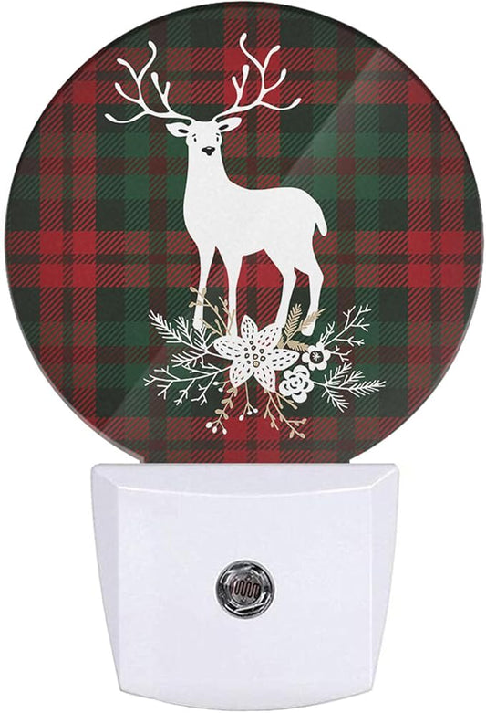 Tartan Checkered Plaid Nightlights Plug-in Reindeer with Christmas Bouquet Floral, Red Green Night Light Auto Dusk-to-Dawn Sensor Lamp for Boys Girls Bedroom Playroom, LEDLAMP3027