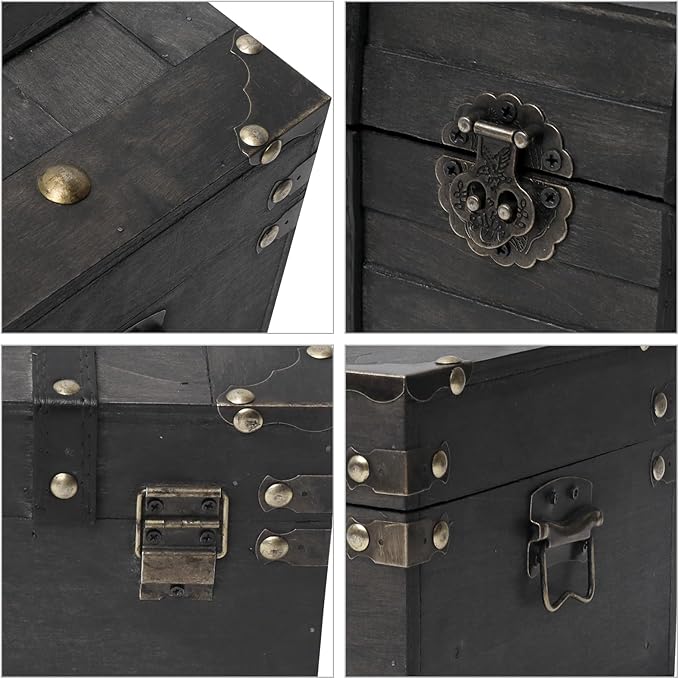Deluxe Wooden Treasure Chest - 11" x 7.1" x 5.5", Elegant Storage Box with Sturdy Hinged Lid, Vintage-Inspired Decorative Trunk for Keepsakes, Black