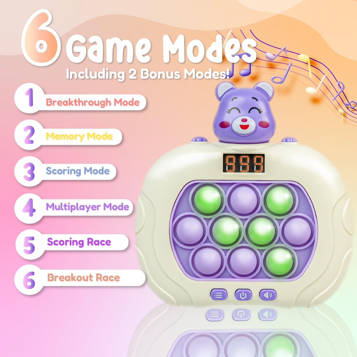 Marlo & Buzz Fast Push Game Toy with Popit Game Controller, Pop Fidget Animal with LED Screen - Sensory and Memory Console, Quick Bubble Light Toy, Pocket Games (Purple Bear)