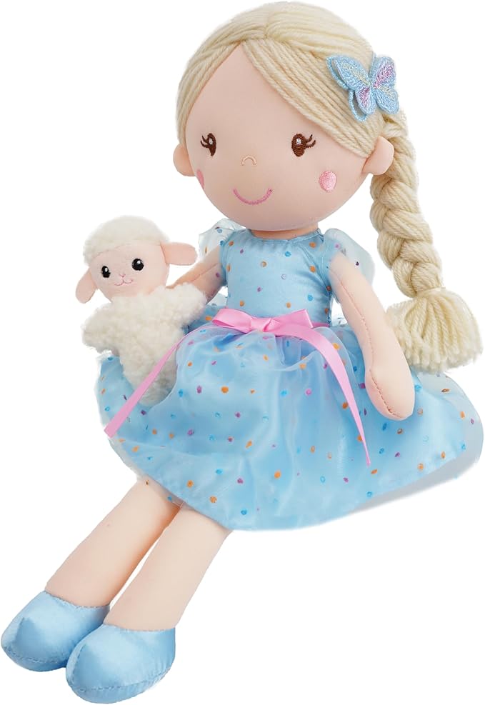 June Garden 15" Playmate Buddies Luna - Soft Plush Doll with Her Stuffed Animal Companion Lamb - Polka Dot Blue Dress for Kids 1 Year and Up