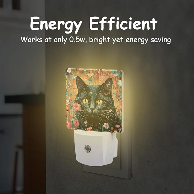 Plug Night Light,Watercolor Black Cat Among Flowers Night Light Lamp Auto Sensor Energy Efficient Dusk to Dawn Lights for Girls Boys Women Room Decor,Hallway,Kitchen,Bathroom,Nursery,Stairs