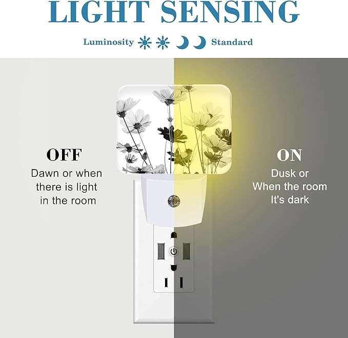 Black and White Daisy Plug in Night Lights, Daisy Flowers Nightlight Plug Into Wall Dusk to Dawn Sensor for Kid Girls Boys Women Men Room, Hallway, Kitchen, Bathroom, Stairs Decor