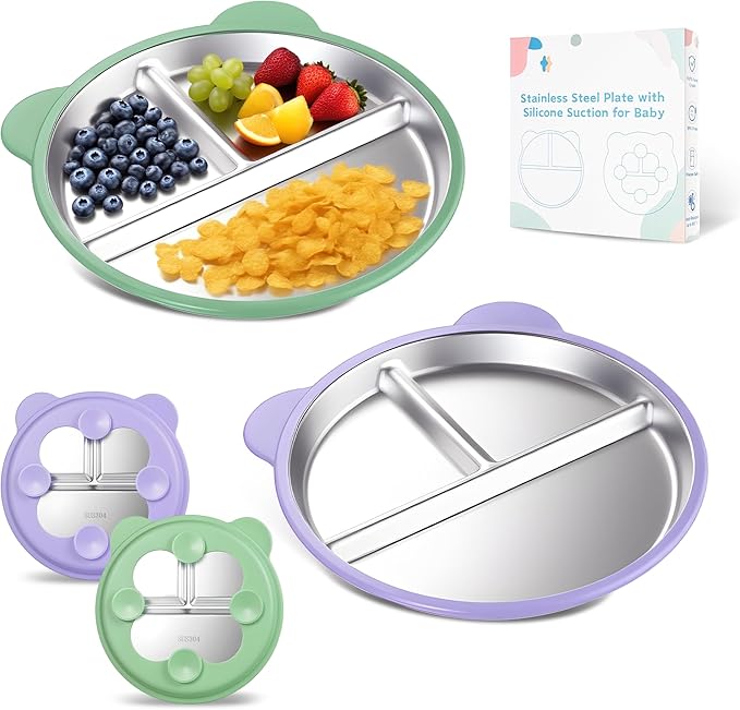 Stainless Steel Kids Plate with Suction Set of 2, 9″ Toddler Divided Plates with Removable Non Slip Silicone Sleeves, Unbreakable Baby Snack Dishes, Mess-Free Mealtime, Mint Green & Wisteria
