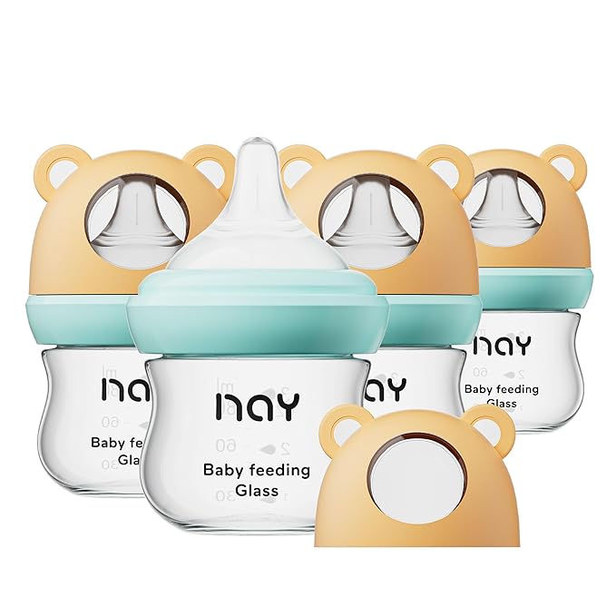 Natural Glass Baby Bottle for Breastfeeding Babies, 3oz Newborn Anti-Colic Baby Bottle with Slow Flow Nipples (SS), Clear, Wide Neck, 4 Pack, 0 Months+