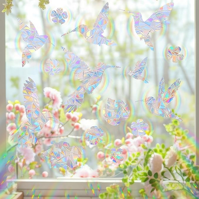 Bird Window Clings Static Cling Window Decals, 1PCS Flower Anti Collision Bird Deterrent Rainbow Stickers, Reusable, Rainbow Non-Adhesive Prismatic Decorative Home Decor