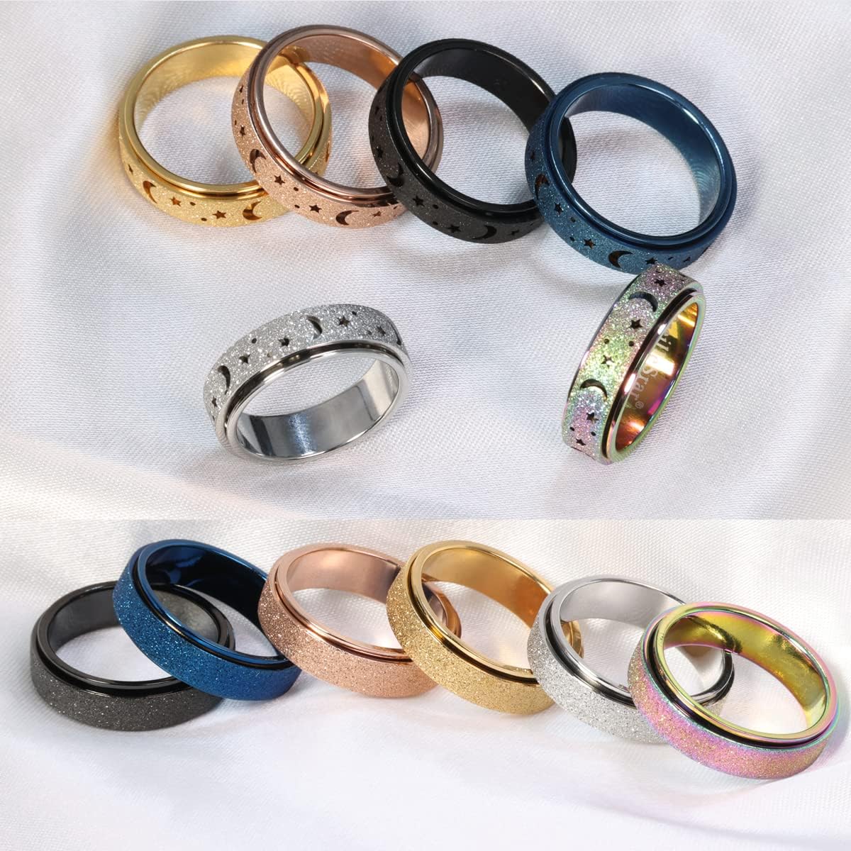 Anxiety Ring for Women Men, Titanium Stainless Steel Spinner Ring, 5 Colors, 6MM, Size 6-10, 3 Styles Anxiety Ring-Moon Star, Sandblasted Finished, Hollow Outer