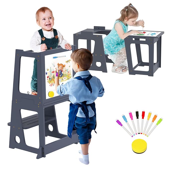 4 in 1 Toddler Step Stool Tower, Foldable Learning Standing Tower with Whiteboard 2 in 1 Convertible Table and Chair, Removable Safety Rail, Widened Platforms for Kitchen Counter Bathroom Sink