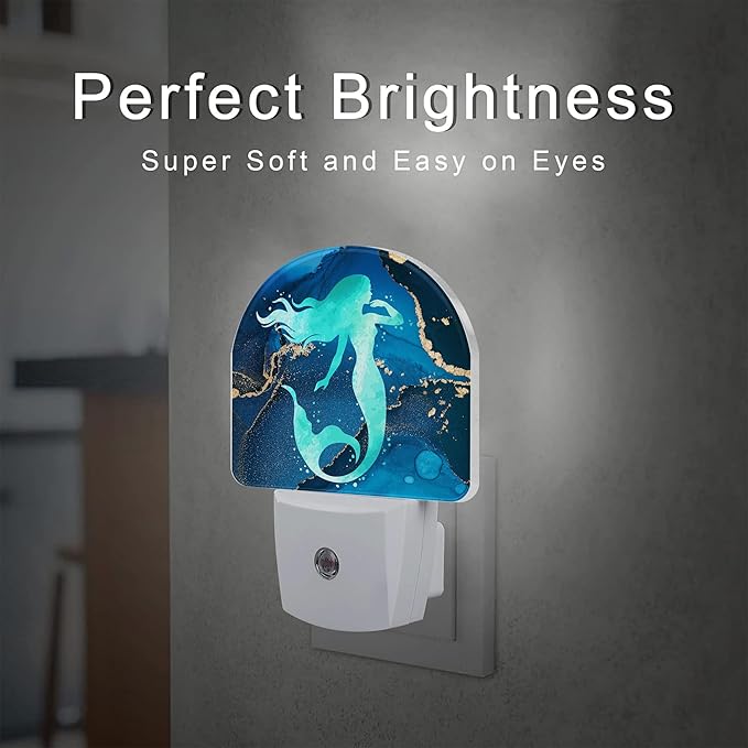 Watercolor Turquoise Mermaid Night Light for Kids,Navy Blue Golden Marble Night Light Plug in with Dusk to Dawn Sensor,0.5w Energy Saving Nightlight for Hallway Stairway Kitchen Bedroom