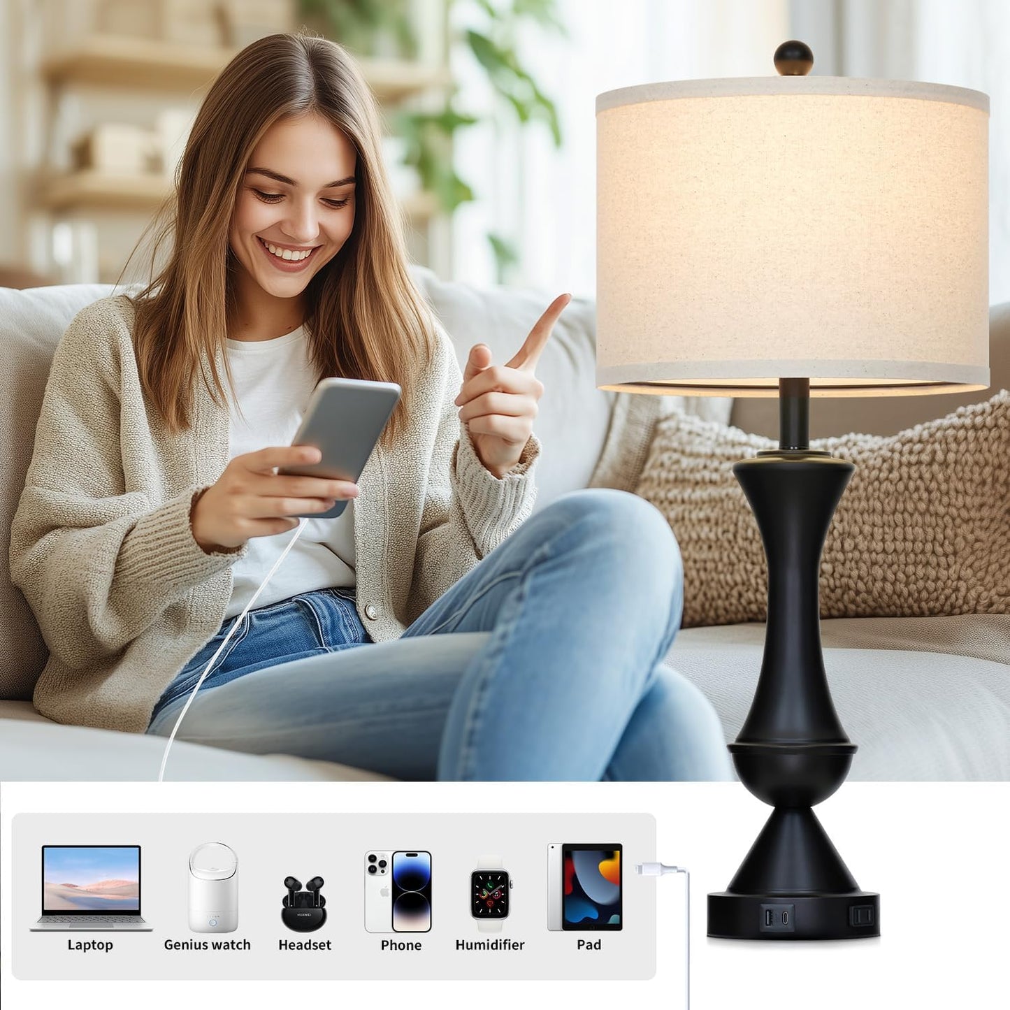 29" Black Tall Table Lamps for Living Room, Touch Control Bedroom Lamp with USB A+C Ports, 3-Way Dimmable Bedside Table Lamps Set of 2, Modern Metal Lamp for Nightstand