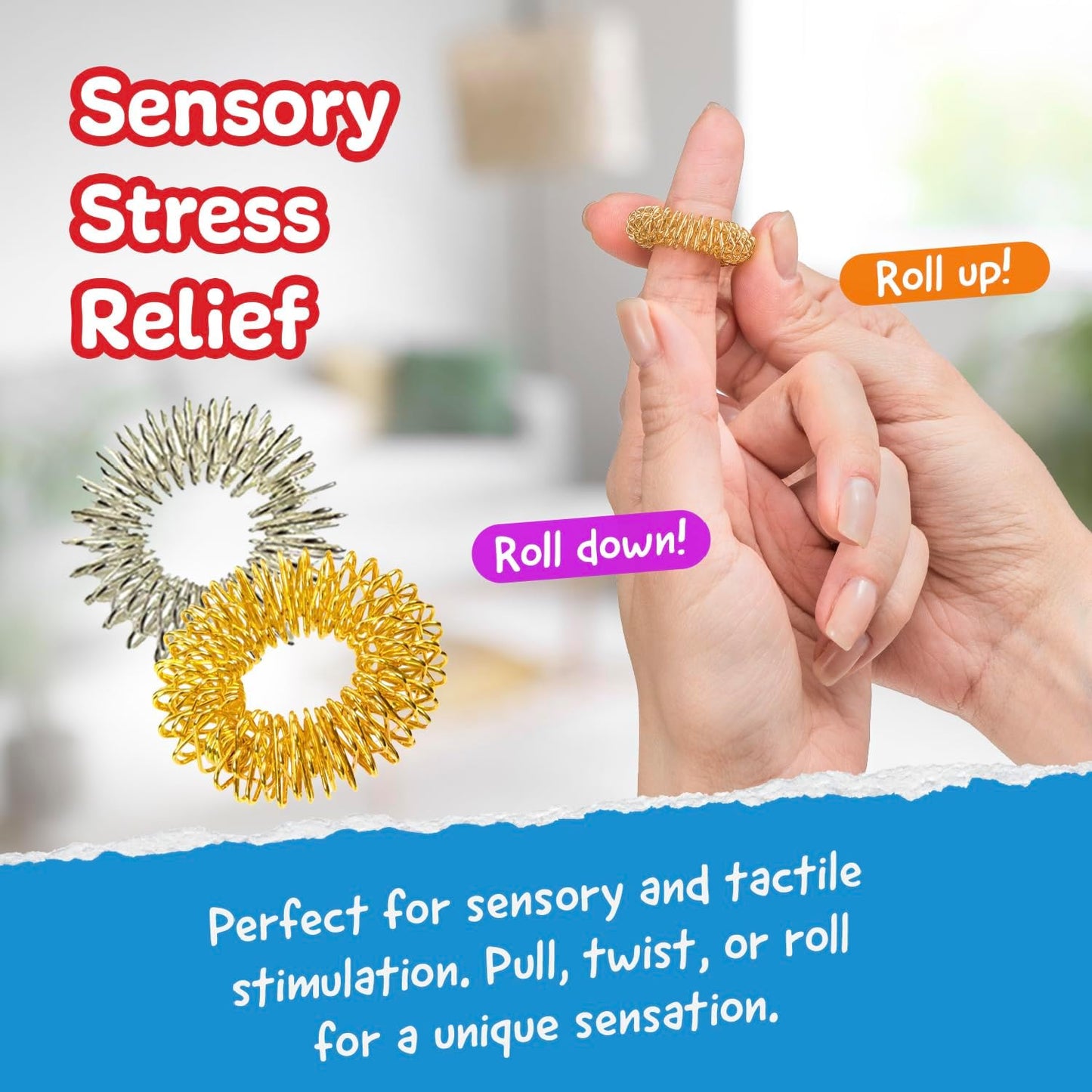 Impresa - 10 Pack Spiky Sensory Finger Rings - Acupressure Fidget Toys for Kids and Adults with Attention Disorders, OCD, and Anxiety - 2 Colors (Silver and Gold)