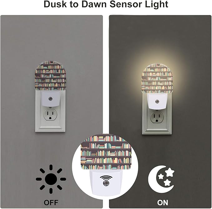 Books on Bookshelves Night Light, Colorful Books Dusk to Dawn Night Light Plug in,0.5w Energy Saving Sleep Friendly Nightlights for Kids Boys Girls Home Decor