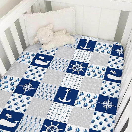 Navy Nautical Life Baby Crib Fitted Sheet 52''x28'' Sea Marine Lighthouse Compass Whale Fitted Crib Mattress Sheet for Boy Girl Nursery Bed Sheets for Standard Crib and Toddler Mattress
