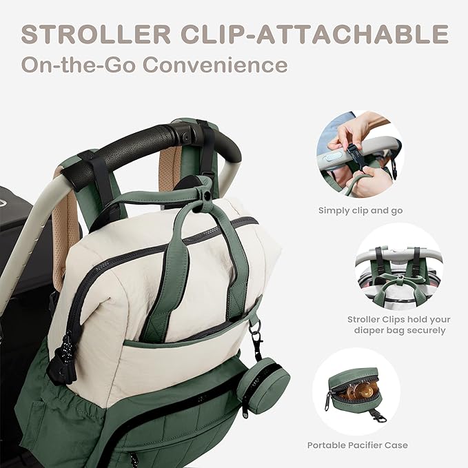 VONAL Diaper Bag Backpack, Lightweight Baby Diaper Bags, Travel Large Diaper Bag with Changing Station, Green Diaper Backpack for Boys Girls Newborn with Insulated Pockets, Stroller Straps