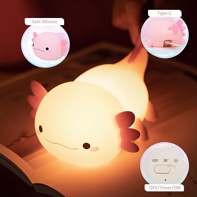 Axolotl Night Light, Cute Night Light for Kids, Animal Silicone Nursery Night Lamp, Timer Dimmable Rechargeable LED Nightlight, Soft Feeding Room Decor Bedside Lamp Gifts for Kids Girls Boys Women